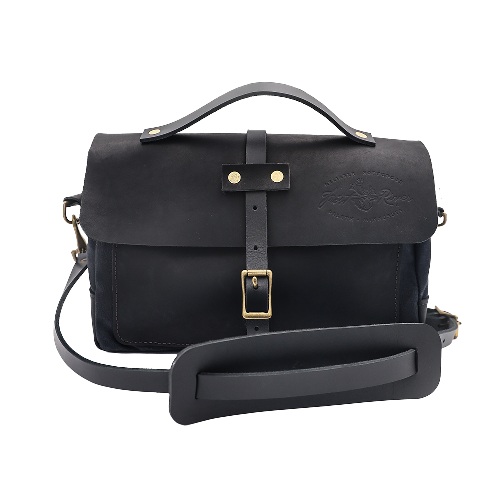 Black leather and waxed canvas briefcase shoulder bag. 
