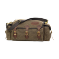 A soft sided tackle box crafted from waxed canvas, leather, and solid brass. 