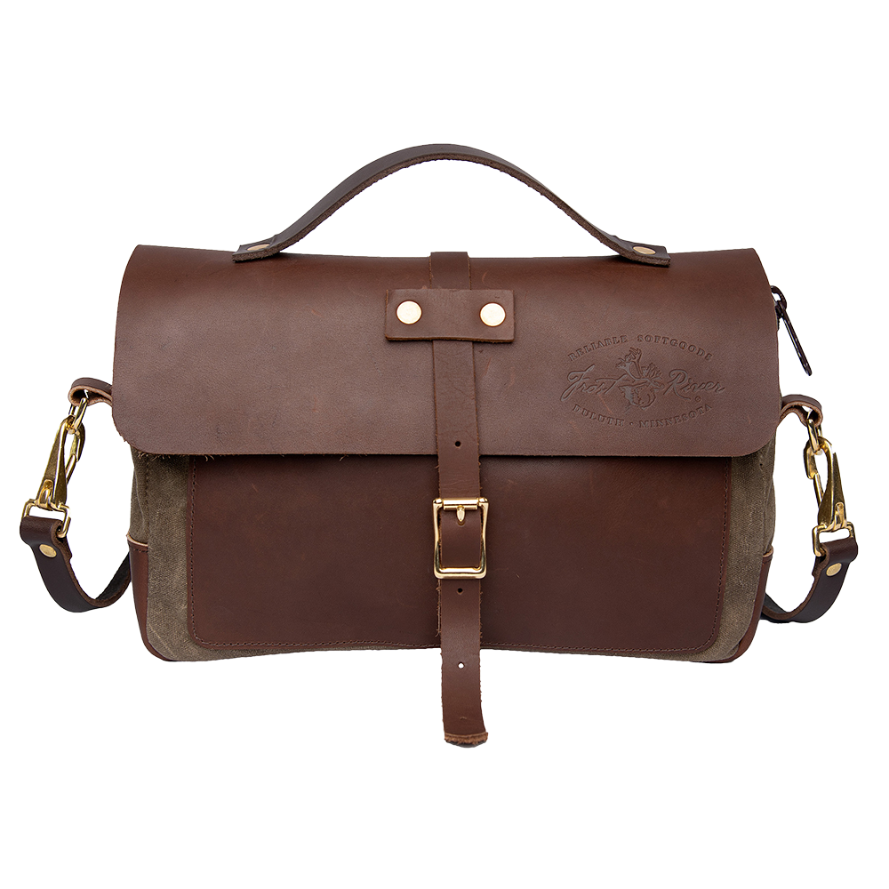 Brown leather and waxed canvas briefcase shoulder bag.