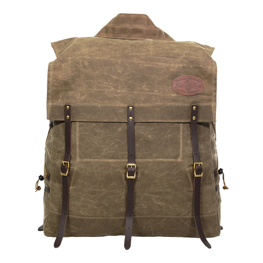 A traditional style canoe pack made from waxed canvas and leather featuring a tumpline. 