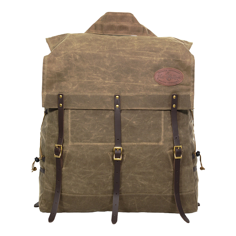 A traditional style canoe pack made from waxed canvas and leather featuring a tumpline. 