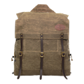 A traditional style canoe pack made from waxed canvas and leather featuring a tumpline. 