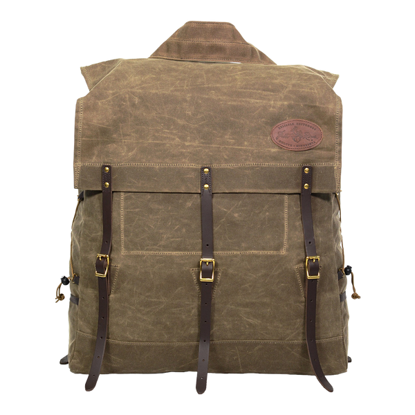 A traditional style canoe pack made from waxed canvas and leather featuring a tumpline. 