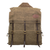 A traditional style canoe pack made from waxed canvas and leather featuring a tumpline. 
