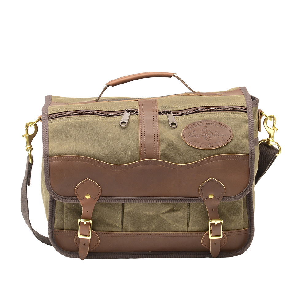 Brown leather and waxed canvas briefcase  crafted with solid brass hardware. 