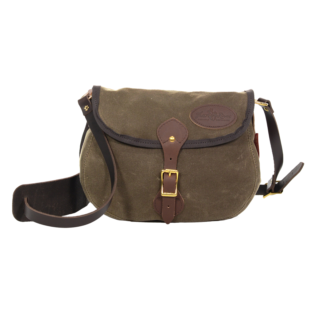 Shell shaped waxed canvas and leather shoulder bag. 