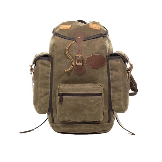 A waxed canvas backpack with leather details and side pockets, designed for outdoor use.