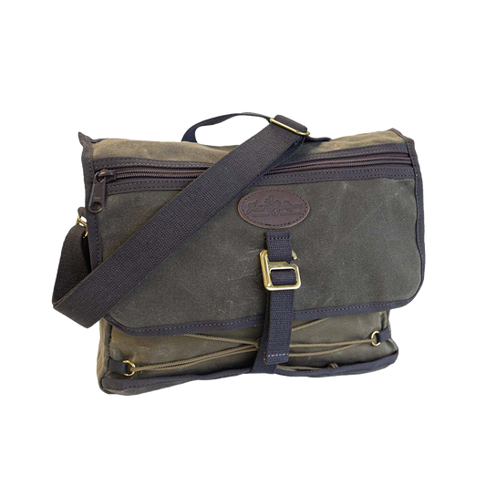 A messenger bag crafted from 18 and 10.10 waxed canvas.