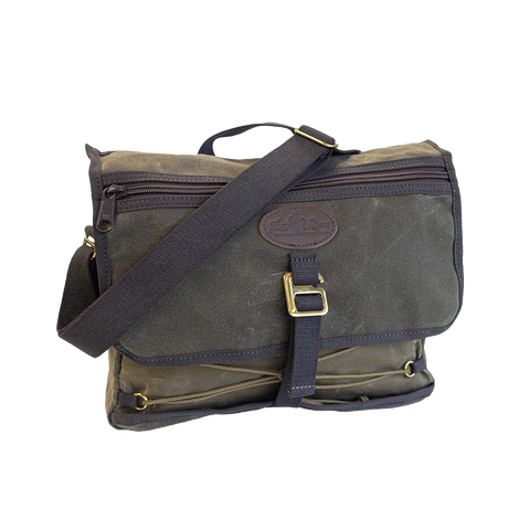 A messenger bag crafted from 18 and 10.10 waxed canvas.