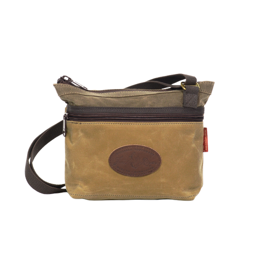 A field tan waxed canvas shoulder bag. 