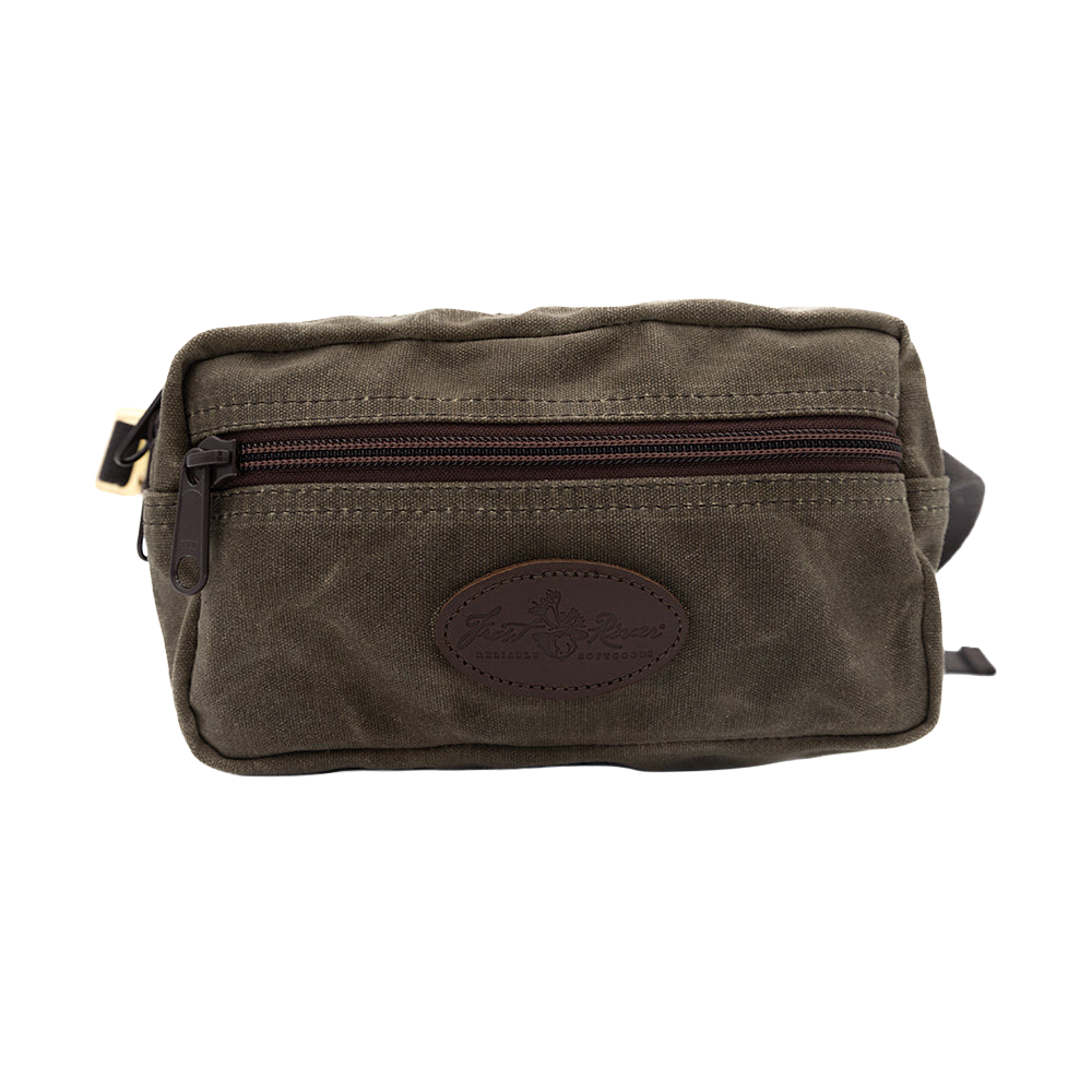 rectangle shaped waxed canvas hip pack that can also be worn cross body