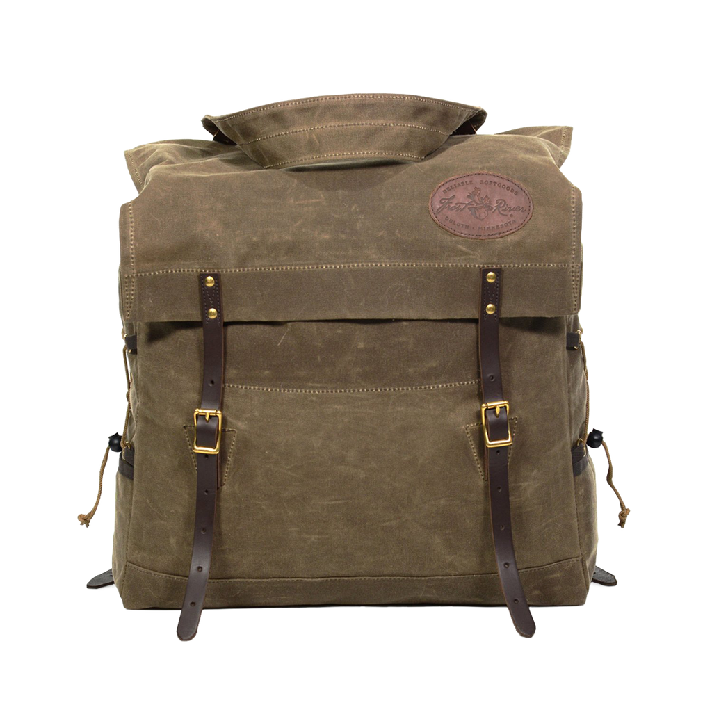 A traditional styled waxed canvas canoe pack called the Woodman Pack made by Frost River.
