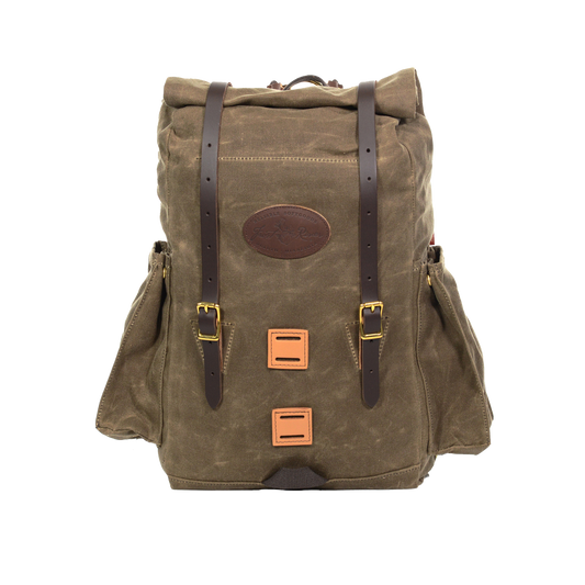 Waxed canvas backpack with leather straps and lash squares