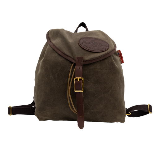 waxed canvas knapsack with a leather buckle closure