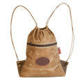 Tan basic design day pack with cinch top closure for quick access of items made with light weight waxed canvas.