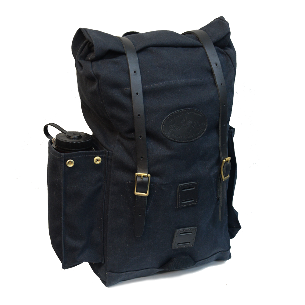 Heritage black version of backpack with a standard Nalgene water bottle to show capacity of side pockets.