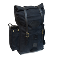 Heritage black version of backpack with a standard Nalgene water bottle to show capacity of side pockets.