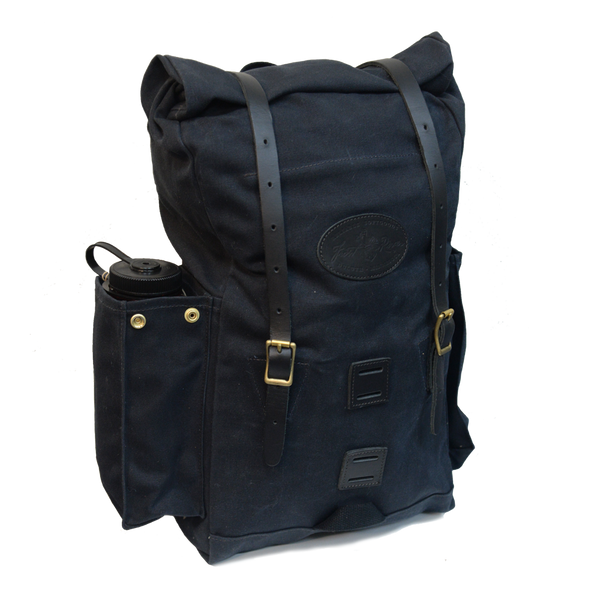 Heritage black version of backpack with a standard Nalgene water bottle to show capacity of side pockets.