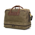 Timeless piece of luggage made from waxed canvas, premium leather, and solid brass.