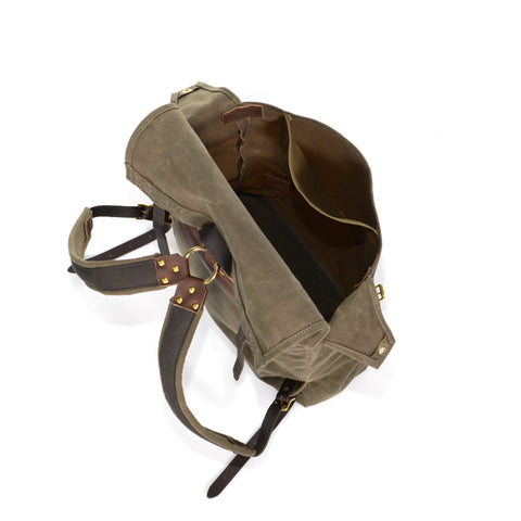 Field tan backpack with a large amount of storage space and padded shoulder straps