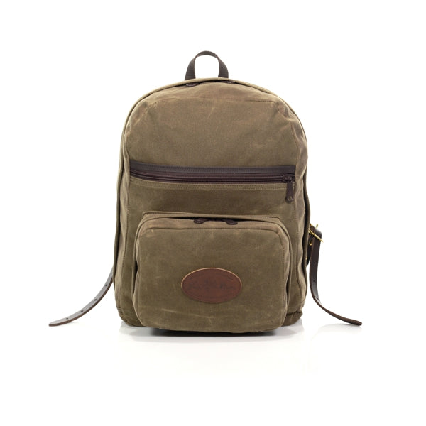 Great traditional style backpack made from high quality waxed canvas with a large accessible front zippered pocket handcrafted at Frost River Trading Co.