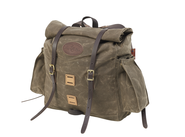 Handmade waxed canvas backpack with highquality brass fittings and premium leather closure straps made in the USA.