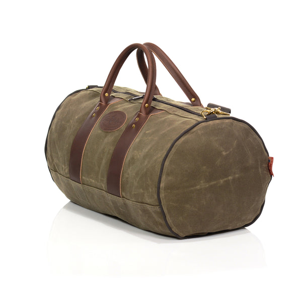 Large waxed canvas, rounded duffle bag. 