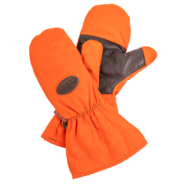 Durable and warm mittens made with our field tan and hunter orange waxed canvas.