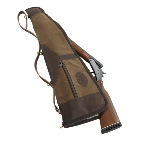 Beautiful case for a breakdown style gun, lined with sherpa, made with waxed canvas, premium leather, solid brass, and includes an exterior zippered pocket for additional storage.