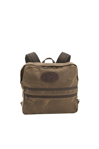 This small pack made out of our Field Tan waxed canvas touts our signature leather logo and has a dual zippered main compartment. It also has one small zippered pocket in the front of the bag.