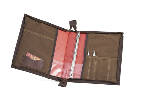 Inside on the left cover is one sleeve pocket and a standard sized card holder. The middle has a metal ring binder and the right cover has several waxed canvas pockets for stationary.