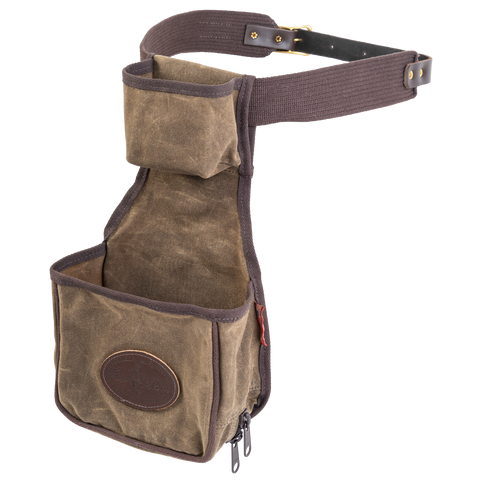 The top pouch can be used to hold a box of shotgun shells and the bottom pouch can hold used shells and broken clays.