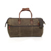 The Gladstone bag is made from waxed canvas, premium leather, and solid brass.