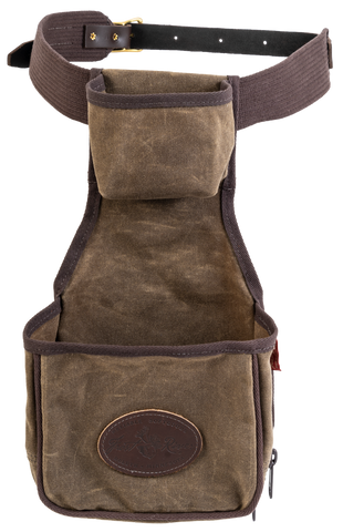 The Skeet Pouch includes a waist belt and is made from durable waxed canvas, premium leather, and solid brass.