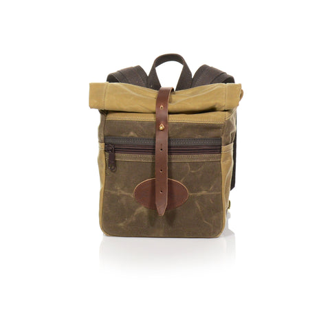 Handcrafted Skyline backpack with roll top closure and leather strap green and tan two tone color made in the USA with durable waxed canvas.
