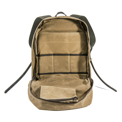 Open view of inside of backpack with several accessory pockets and a large back sleeve pocket for a laptop.