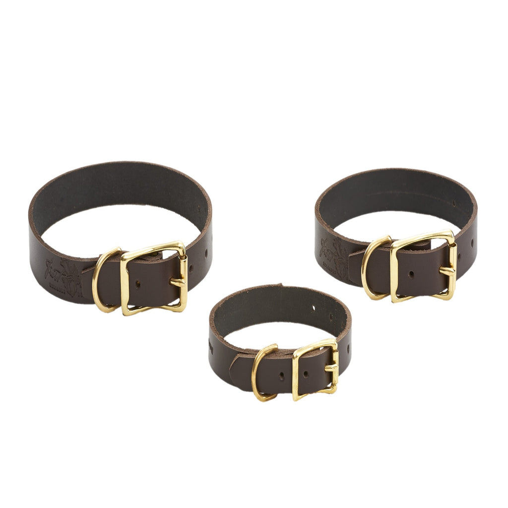 Handcrafted dog collar made with premium leather and solid brass, and available in four sizes.