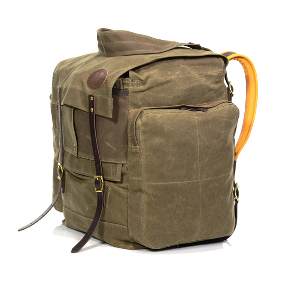 This pack is made from durable water resistant waxed canvas, premium leather, and solid brass.