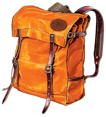 Timeless, handcrafted, and traditional canoe pack made with water resistant, hunter orange waxed canvas.