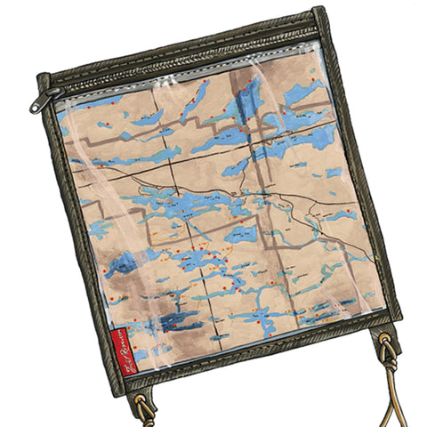 The map case is a zippered case made with a clear  flexible plastic on the front for viewing a map and the back is made with our water resistant canvas.