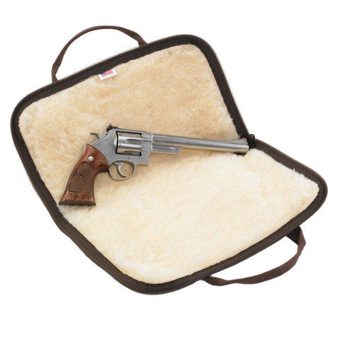Rectangular designed pistol rug to accommodate several types of hand guns, and lined with soft sherpa. 