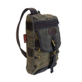 Well built sling pack with several storage areas and heavy duty cord and barrel tie down system and a waxed canvas cover flap to hold a blanket or jacket.