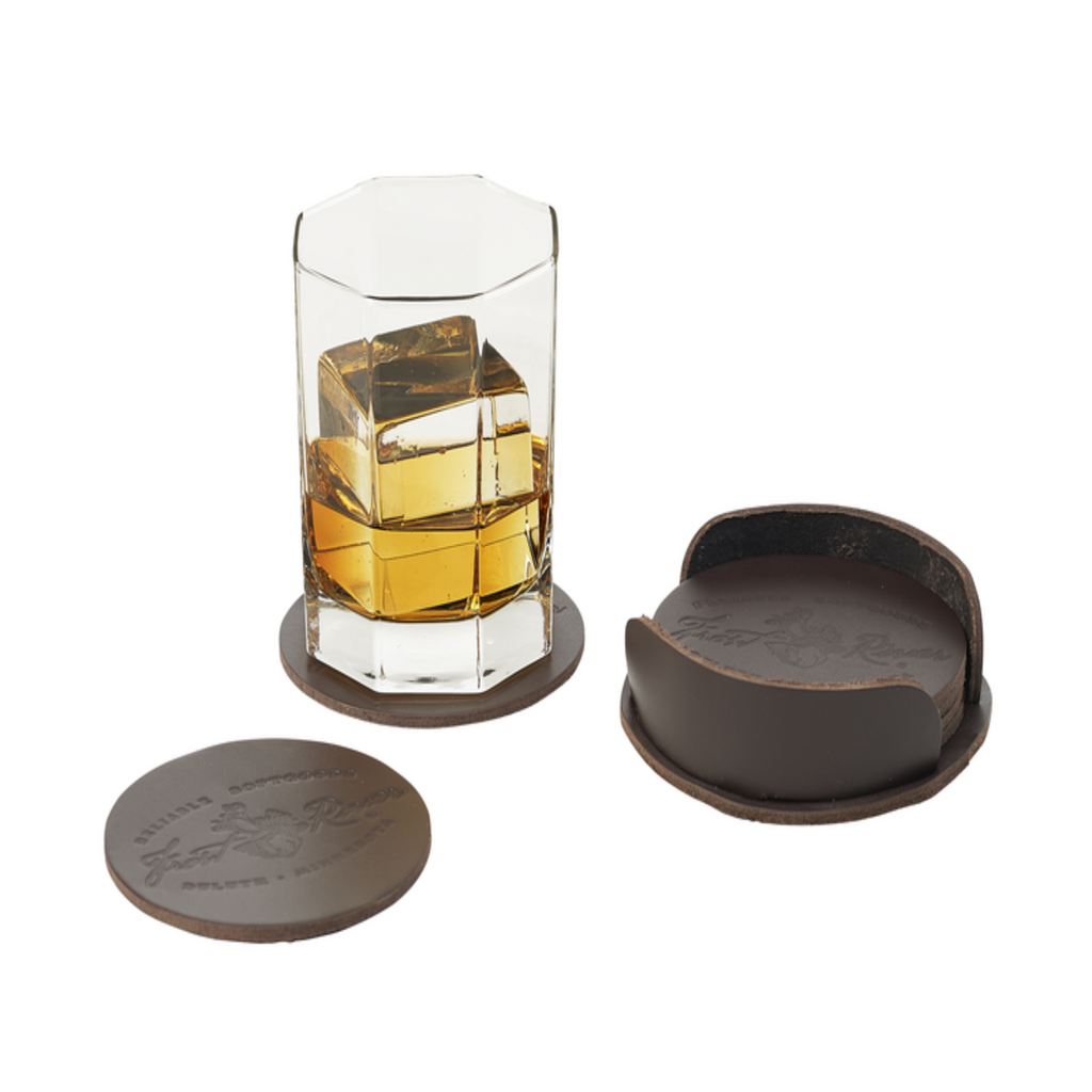 A set of premium leather coasters made in the USA.