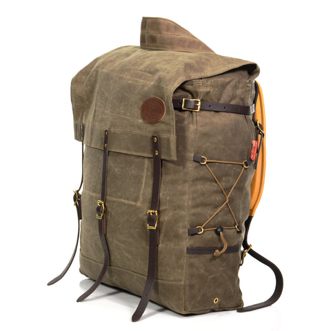 The Old No. 7 Canoe pack can hold several nights of camping gear and has a gusseted bottom to allow it to sit up by itself.