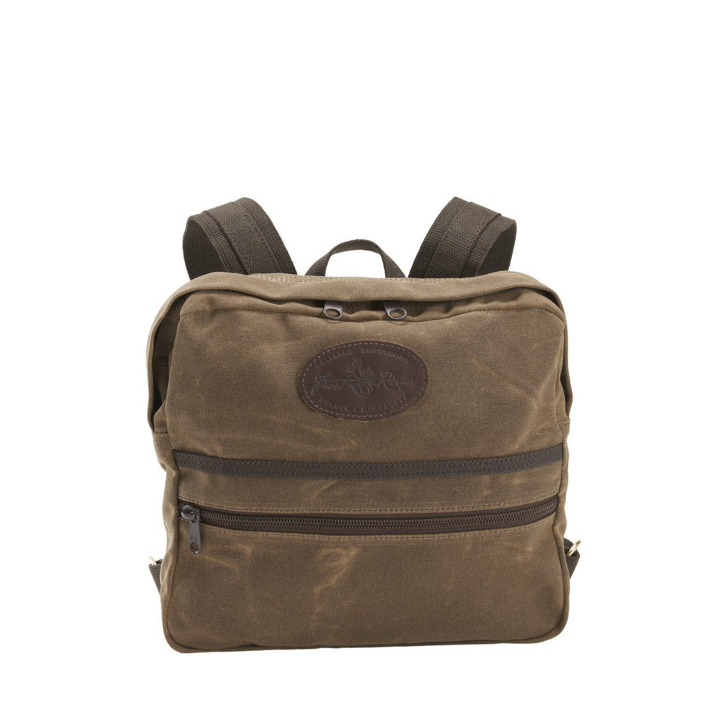 This small pack made out of our Field Tan waxed canvas touts our signature leather logo and has a dual zippered main compartment. It also has one small zippered pocket in the front of the bag.