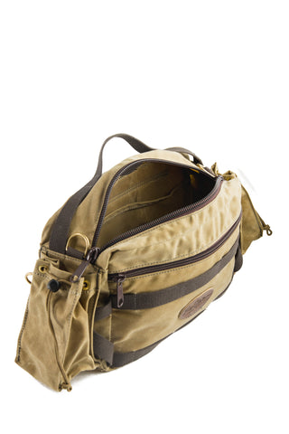 Inside there is a smaller cavity a larger main compartment. Two heavy duty zippers keep the bag closed. Materials sourced from the USA, crafted in Duluth MN, and made by Frost River Trading Co.