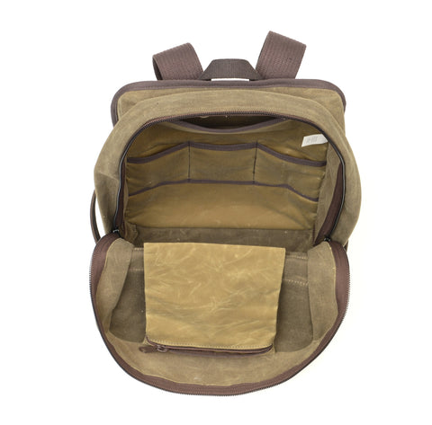 Versatile day pack with several inside pockets and a large main compartment and the premium version offers a padded inside sleeve for laptops tan in color.