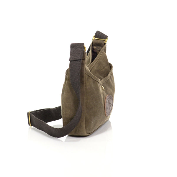 The shoulder bag has a comfortable webbed cotton shoulder strap sewn to the bag.