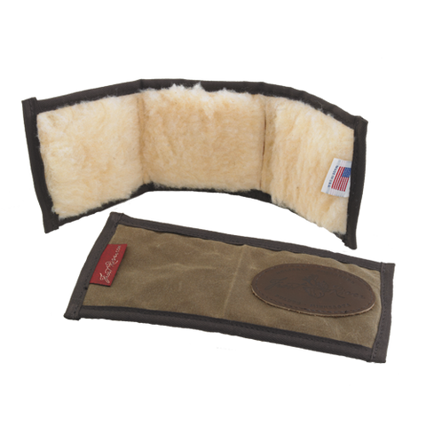 bi-fold or tri-fold wallet for flys with waxed canvas exterior and sherpa fleece interior.