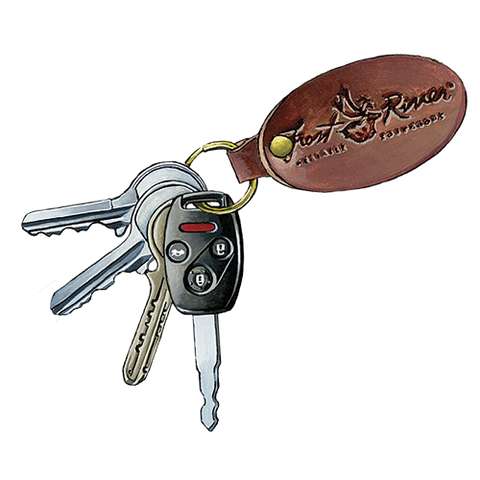 Our Keychain has a small leather oval with our logo burned right in the leather. Also has a small brass key ring on the end.